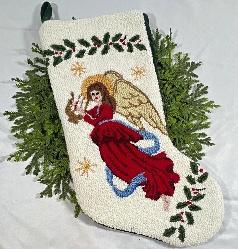 Vintage Latch Hook Angel Christmas Stocking 18” Green Velvet Back Holly PA-25264